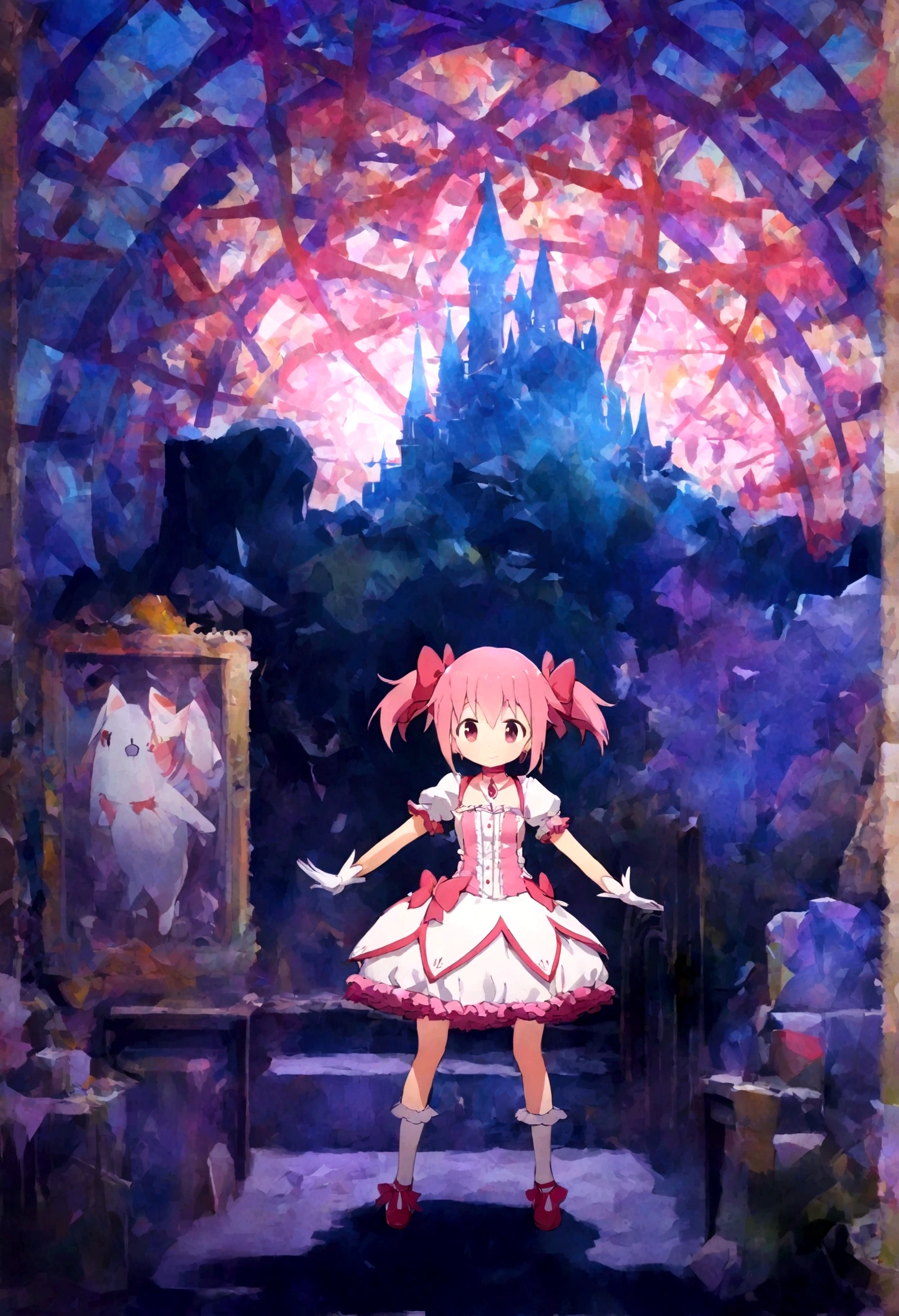 kaname_madoka\(Puella Magi Madoka Magica,magical girl style,pink twin tails hair,pink bows,open shoulder dress with frill,backward ribbon at neck,white grove,red juwel at middle of clavicle\) is standing with confused face in the center lost her way, showing full body to viewer, BREAK ,geometric and chaotic background with messy chaotic gothic shadow puppet castles,(in a very psychedelic nightmare), BREAK ,quality\(8k,wallpaper of extremely detailed CG unit, ​masterpiece,hight resolution,top-quality,top-quality real texture skin,hyper realisitic,increase the resolution,RAW photos,best qualtiy,highly detailed,the wallpaper,cinematic lighting,ray trace,golden ratio\),(long shot),wide shot,landscape,blured background,(art by Maurits Escher:1.3)