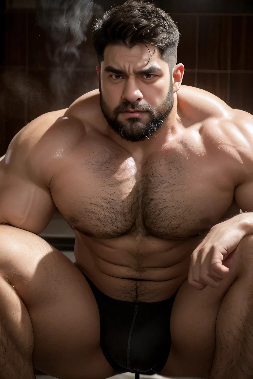 Hulk muscular uncle,big breasts slightly fat,Short beard,Thick eyebrows,Brush Cut,Have chest muscles,black,The crotch is long,Extra long,Armpit Hair,black calf,Showing off chest muscles,Chest hair on the pectoral muscles,Leg lift,Buttocks forward,Exposed pedals,Lying in the steam room,Sweat all over the body,Very shy expression