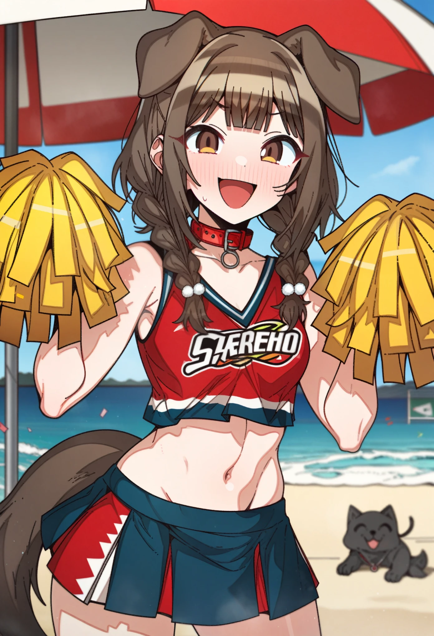 gawr_gura with brown hair and brown eyes, Artist, erere, Copyrights, idolmaster, idolmaster_shiny_colors, Character, General, 1girl, brown_hair, blunt_bangs, blush, medium_breasts, breasts, smile, brown_eyes, censored, cheerleader, crop_top, pom_pom_(cheerleading), skirt, navel, dog_tail, animal_collar, twin_braids, dog_ears, bone_hair_ornament, raised_eyebrows, paw_pose, :d:0.5, teeth, raised_eyebrows, (full_body) (standing in middle, beach_umbrella), sky:0.7, detailed, sand, outdoors, from_side, looking_at_viewer, masterpiece, best_quality, great_quality, girl, solo, center_composition, centered character, cute
