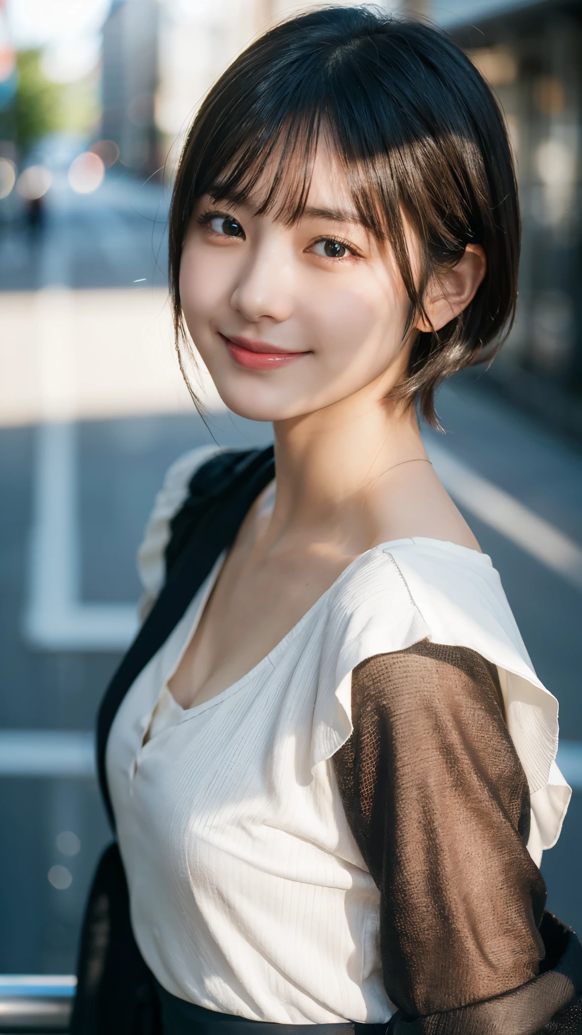 (highest quality,masterpiece:1.3,ultra high resolution),(Super detailed,caustics,8k),(photorealistic:1.4,RAW shooting),1 girl,(look at the camera with a smile),20-year-old,cute,Japanese,black hair short cut,long sleeve blouse,big ,bust up shot,street,face focus,Natural light,Backlight,(A bright light shines from above),(Lens flare),professional writing,(low position),(Low - Angle)