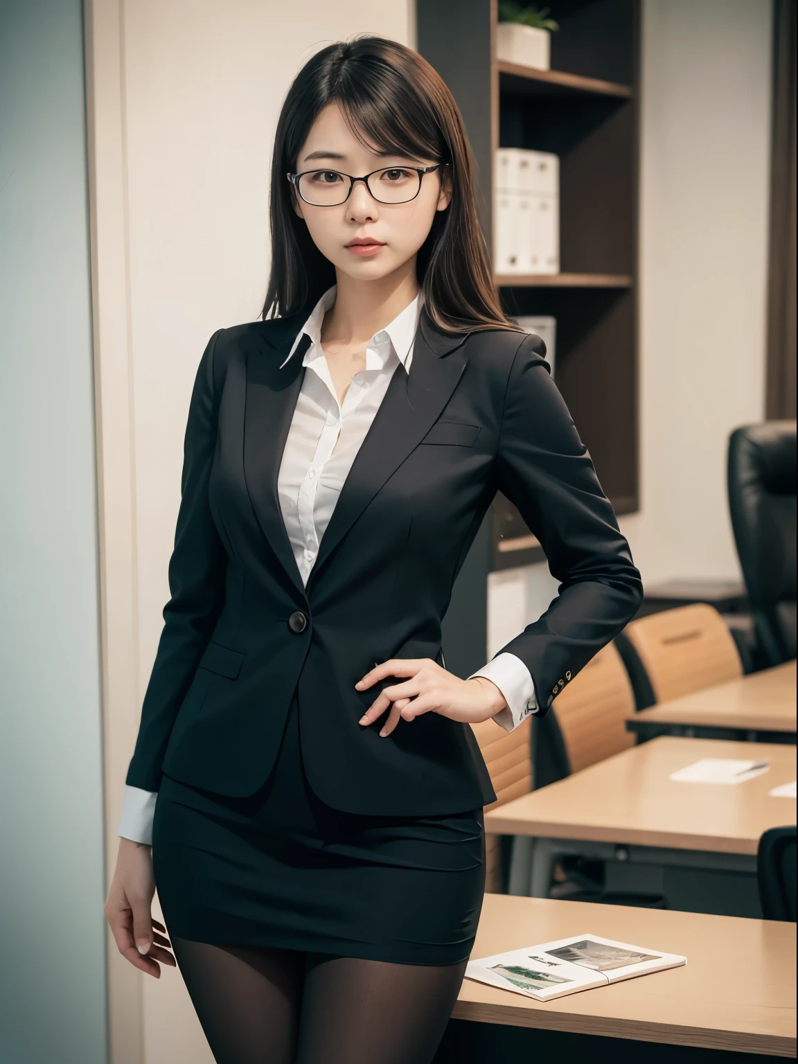 (alone、solo)、A 20-something office lady in an office uniform poses for a photo、(Black Pantyhose)、(Half Up)、victory、Tsundere、Single knot、OL、suit、Blue mall face、anger、、Glasses、Slim girl model photo、Body:The smallest middle-aged man in history、Female Model、Japanese female fashion model、(8K、RAW Photos、Highest quality、masterpiece:1.2)、(Real、Photorealistic:1.37)、Ultra high definition、Ultra high definition、Office Street、Standing position、whole body、((((SEXY)))