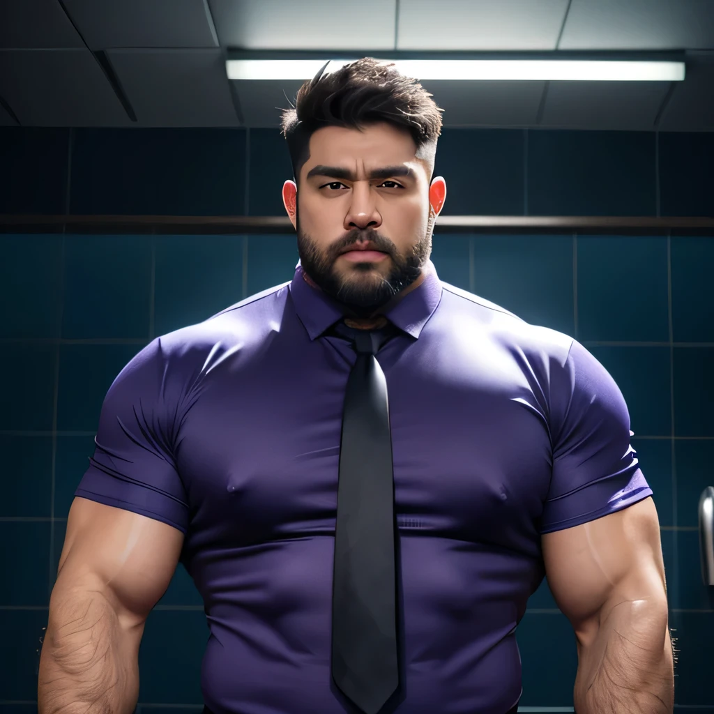Hulk muscular uncle，big breasts slightly fat，Short beard，Thick eyebrows，Brush Cut，Have chest muscles，Wearing a purple-blue long-sleeved professional shirt，Paired with a dark blue wide tie，The shirt neckline is open，Showing off chest muscles，Chest hair on the pectoral muscles，Leg lift，Buttocks forward，Exposed pedals，Lying in the steam room，Sweat all over the body，Very shy expression