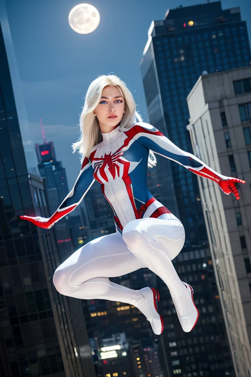 (Masterpiece, 4k resolution, ultra-realistic, very detailed), (White superhero theme, charismatic, there's a girl on top of town, wearing Spider-Man costume, she's a superhero), [ ((25 years), (long white hair:1.2), full body, (blue eyes:1.2), ((Spider-Man pose),show of strength, jumping from one building to another), ((sandy urban environment):0.8)| (cityscape, at night, dynamic lights), (full moon))] # Explanation: The Prompt mainly describes a 4K painting of ultra-high definition, very realistic, very detailed. It shows a superheroine at the top of the city, wearing a Spider-Man costume. The theme in the painting is a white superhero theme, the female protagonist has long white hair, is 25 years old and her entire body is shown in the painting. In terms of portraying the actions of superheroines, spiders are employed