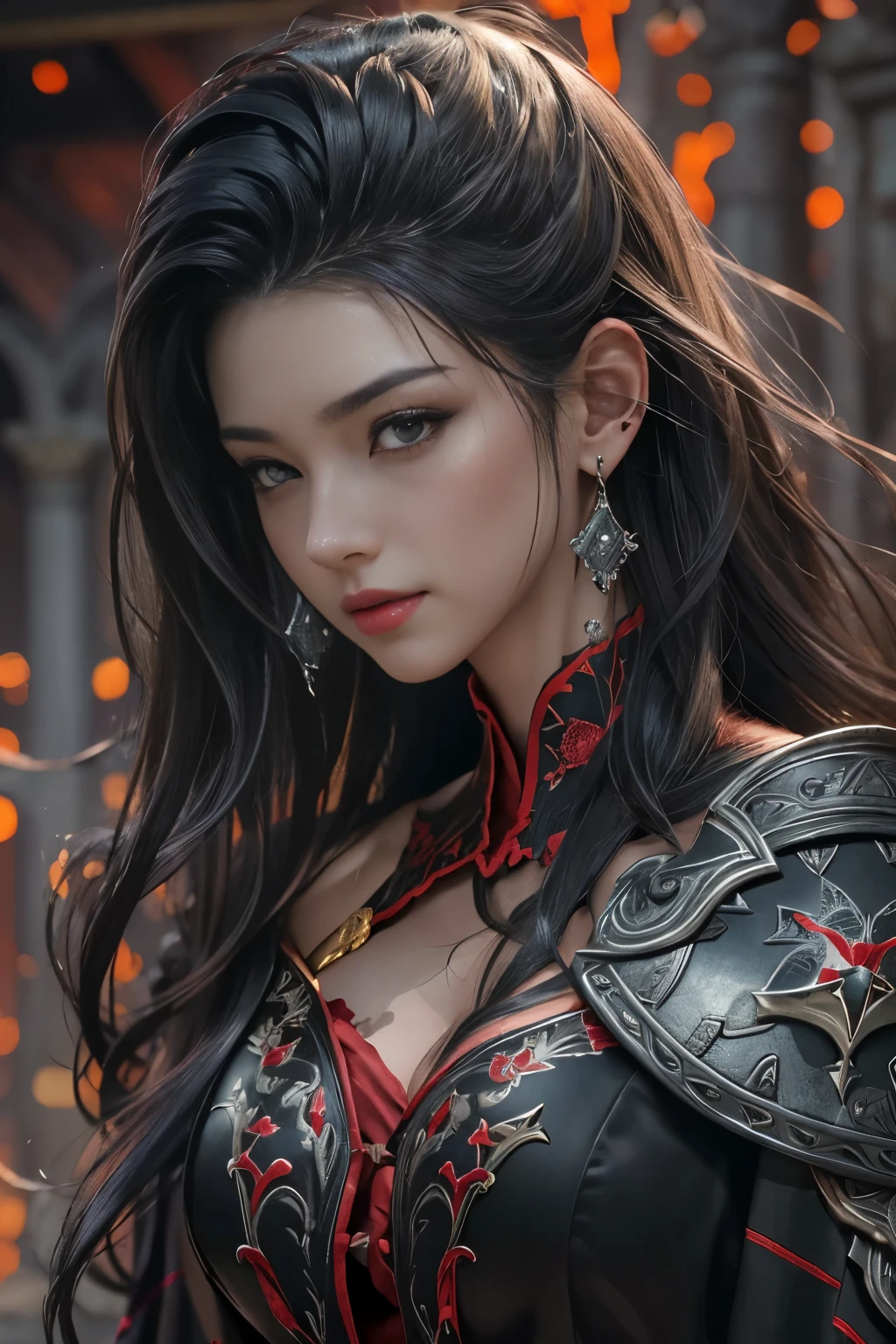 beautiful detailed background, octane render, 8k, best quality, masterpiece, illustration, extremely delicate and beautiful, detailed, extremely detailed,CG, unity, wallpaper, Amazing, fine detail, realistic art: 1.2 ,masterpiece, best quality, official art, extremely detailed CG unity 8k wallpaper,1girl, (((long black straight hair,))), dark knight, red eyes, beautiful face, upper body,(black Armor and red robe,) looking at view, realistic photo, Evil laugh,(hiqcgbody) ,perfect female figure,earring, narrow waist, huge firm boucing bust, (looking at view), alluring,prestige,(fire,indoor,ruins)