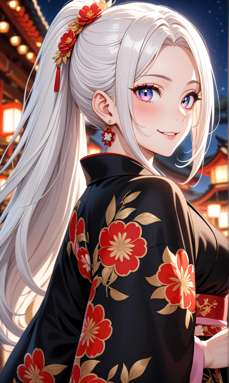 ((one personの女性)), Beautiful Face,Laughing in annoyance,Laughing with your mouth open,Bright red cheeks,Glossy pink lips,night,Shrine festival s高いs,((Anime style background)),masterpiece, highest quality, so beautiful, Latest, Complex details, (Pink long nails),AI-generated, Complex,High resolution, highest quality, super high quality,3D Images、View your viewers、3D Images,one person,Long white hair,High Ponytail,blue eyes,Anime woman posing for a photo, ((Fine grain、Colorful eyes、Shining Eyes:1.0)),(Squint your eyes:1.1),a hyperRealistic , hyperRealistic , Realistic,Anime woman with long and white hair, Smooth anime CG art, A woman in a colorful kimono with gold embroidery, (Black kimono),Red floral pattern,Long flower hair ornament,Big earrings,,Mature Body,Tall,Big Ass,Fine details,Narrow waist,(Face close-up:1.5),Diagonal Background,(Shooting from an angle)