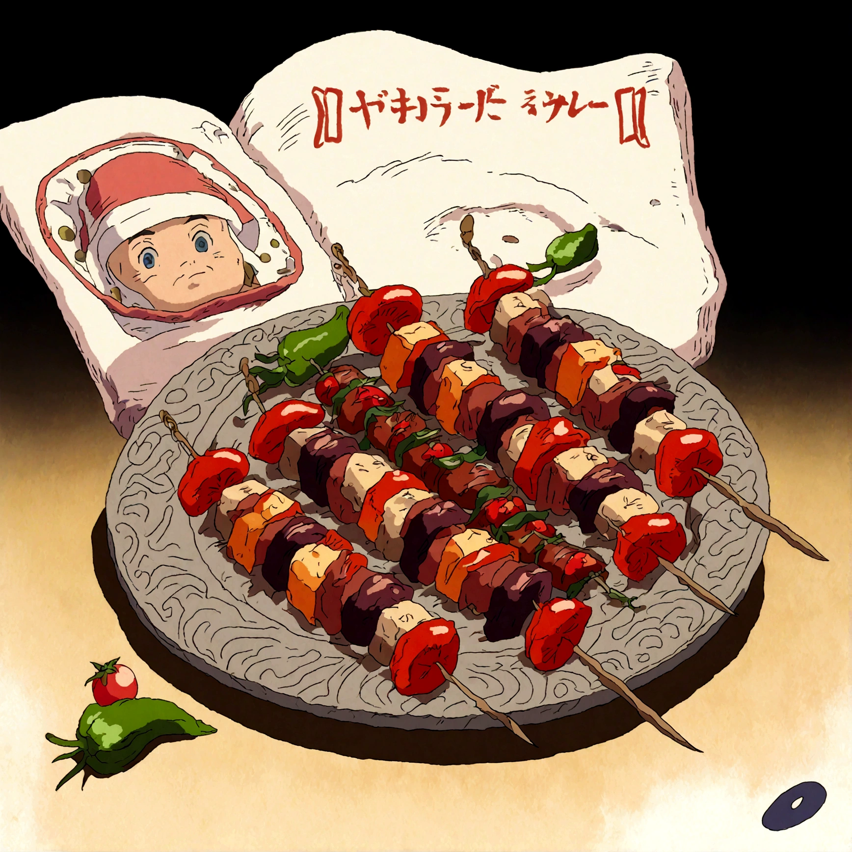 Delicious in Dungeon food style, food, manga, grilled kebabs from meat, cherry tomatoes, green pepper and tofu on a large platter with intricate engravings, Ghibli anime style, ANIME style, Miyadzaki cartoon style, line art, details, hot, soft focus, dramatic light, low light