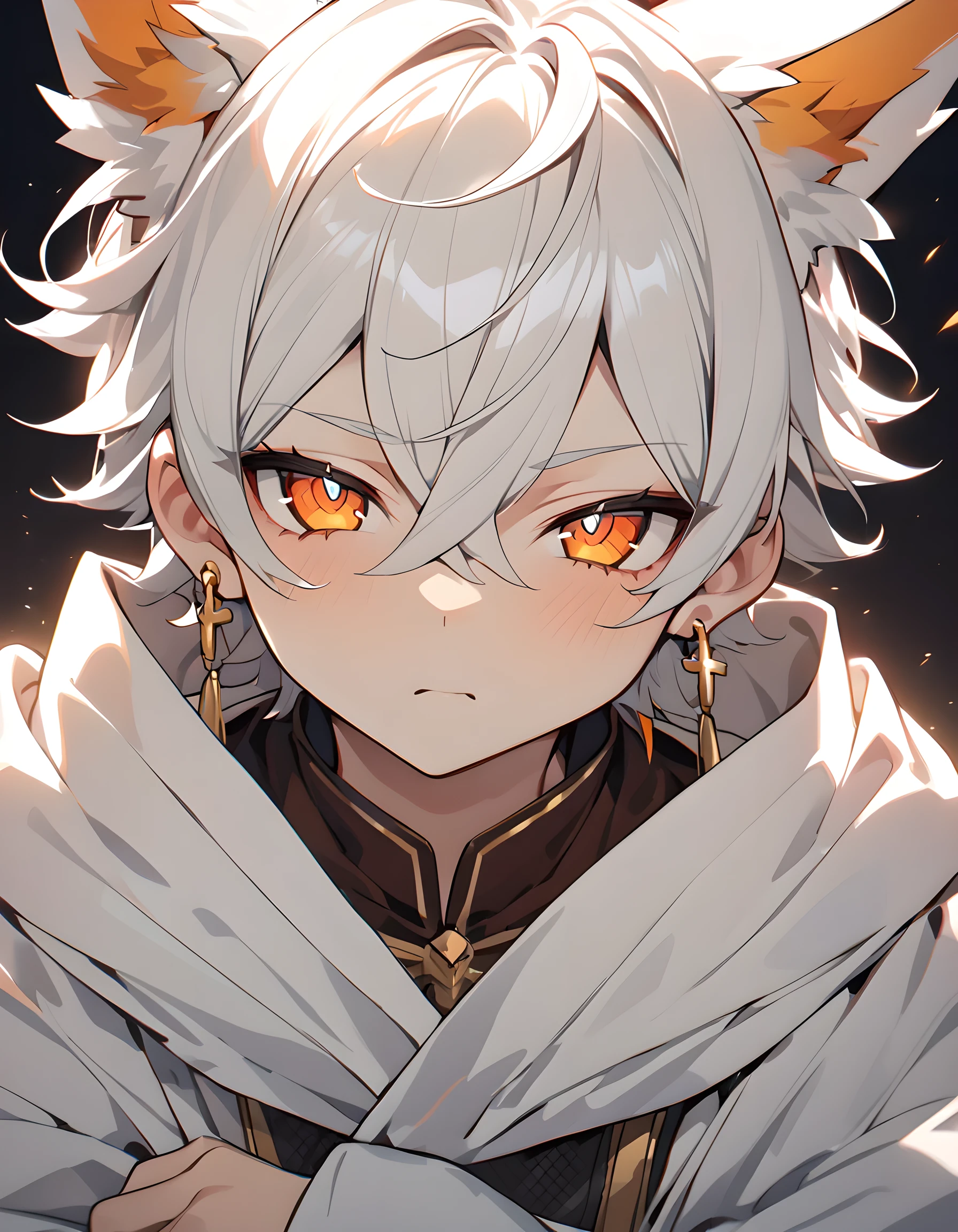 1BoyArk of Tomorrow, Ark of Tomorrow, close up, angle, shorten, dark, darkbackground, masterpiece, best quality，Outstanding，Exquisite，cute，Heroic，Fox ears，White hair，Amber pupils，Loose clothes，Flat-chested white-haired Fox ears，cartoon，Lovely，White hair，，Bright Eyes，Students are innocent and profound，Slightly rounded face，Shota，12 years old，Plain robe，pupil，Have earrings，Cross your arms in front of your chest，The expression is like piety，Best cartoon，Detailed digital cartoon details，Detailed cartoon character art