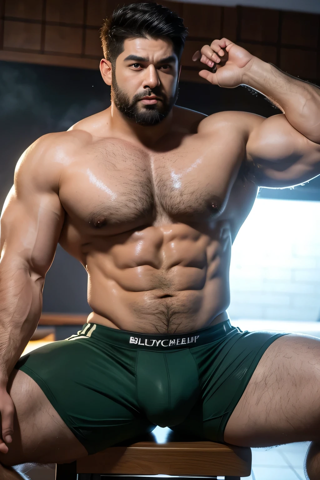 Hulk muscular uncle, slightly fat,Short beard,Thick eyebrows,Brush Cut,Have chest muscles,black,The crotch is long,Extra long,Armpit Hair,black calf,Showing off chest muscles,Chest hair on the pectoral muscles,Leg lift,Buttocks foposed pedals,Lying in the steam room,Sweat all over the body,Very shy expression