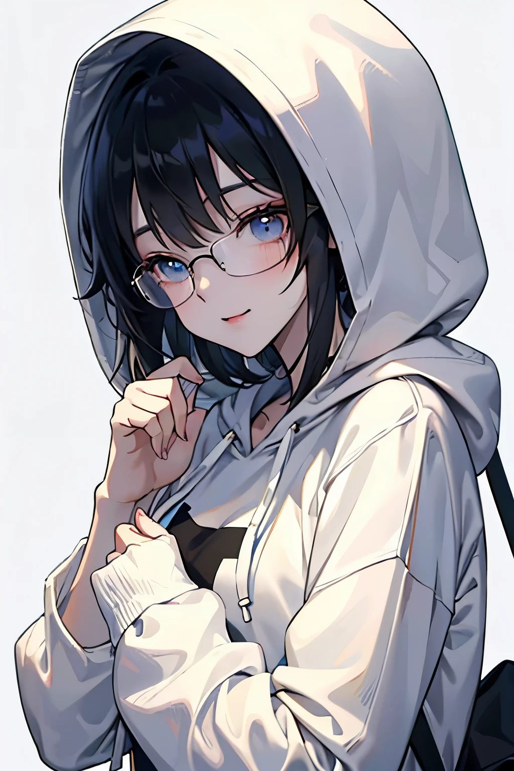 An anime-style girl with short, sleek black hair, donning a cozy hoodie with the hood pulled up and glasses perched on her nose. The image zooms in on the upper half of her body, showcasing her captivating eyes and gentle smile. Her hands are casually tucked into the hoodie pockets. The background is kept simple and minimalistic to highlight her relaxed yet charming demeanor. The hoodie adds a touch of casual style, accentuating her youthful and laid-back look. The atmosphere exudes a sense of lightness and tranquility, capturing her natural beauty and grace.