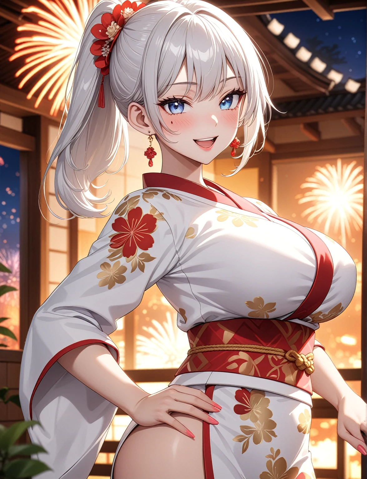 ((one personの女性)), Beautiful Face,Laughing in annoyance,((Wink:1.7)),Laughing with your mouth open,Bright red cheeks,Glossy pink lips,night,Superior Japanese room,firework,((Anime style background)),masterpiece, highest quality, so beautiful, Latest, Complex details, (Pink long nails),AI-generated, Complex,High resolution, highest quality, super high quality,3D Images、View your viewers、3D Images,one person,Long white hair,High Ponytail,blue eyes,Anime woman posing for a photo, (Fine grain、Colorful eyes、Shining Eyes:1.1),(Squint your eyes:1.1),a hyperRealistic , hyperRealistic , Realistic,Anime woman with long and white hair, Smooth anime CG art, A woman in a colorful kimono with gold embroidery, (White kimono),Red floral pattern,Long flower hair ornament,Big earrings,Mature Body,(Big Breasts:1.2),Tall,Big Ass,Fine details,Narrow waist,(Face close-up:1.5),Diagonal Background,Bending the hips
