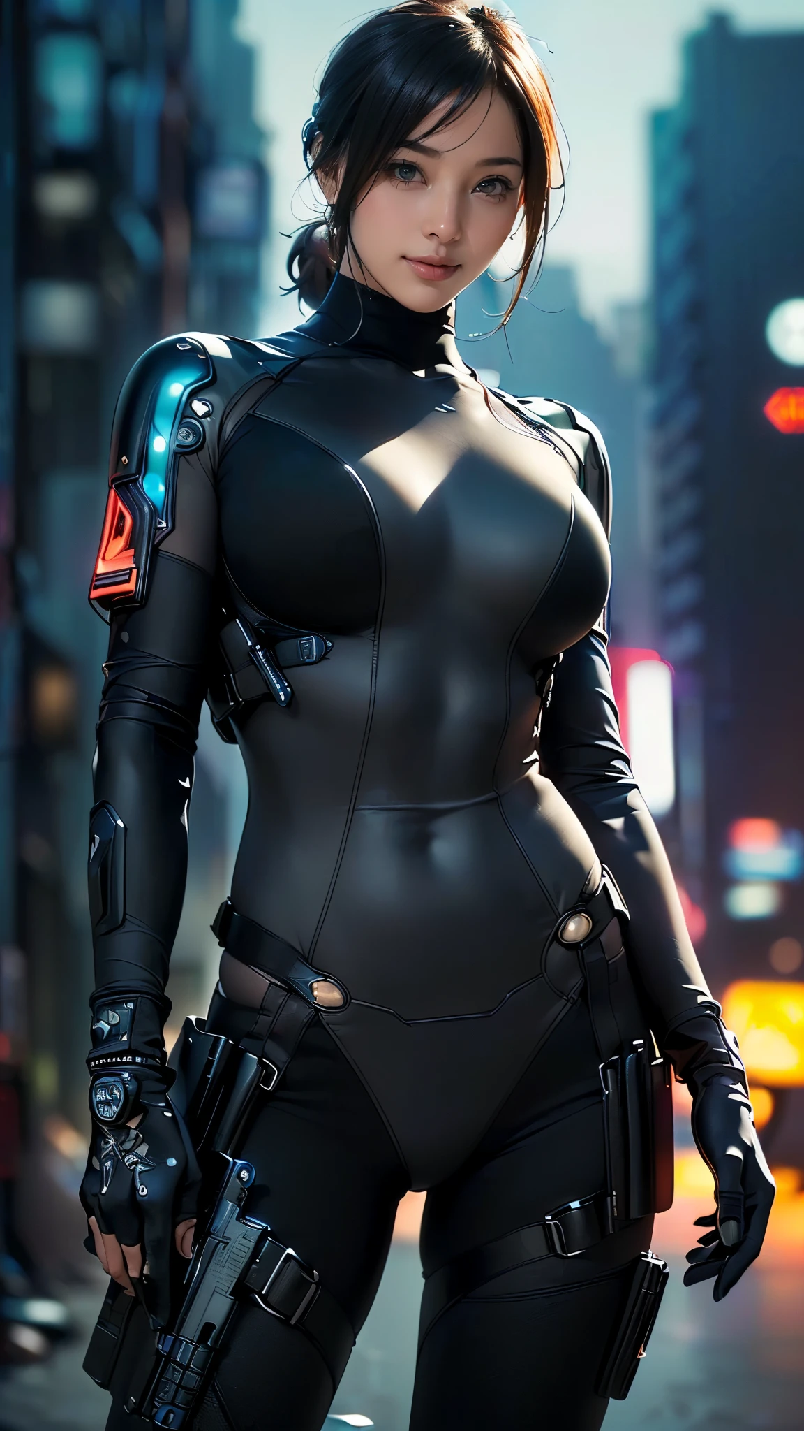 (One Woman),(((A SWAT woman is standing))),((Black tactical bodysuit:1.5)),((Scouter:1.5)),((black tactical holster:1.5)),(Black Gloves:1.5),(smile:1.5),(Short Hair 1.5),(Beautiful Eyes:1.3),(Very detailedな顔:1.5),((Very detailedな女性の手の描画:1.5)),((Muscular:1.5)),(Sexy Looks:1.5),((Thick thighs:1.5)),(Beautiful body:1.5),((Very sensual:1.5)),(The background is a futuristic city:1.5),(Cyberpunk atmosphere:1.5),(((Blur the background:1.5))),(Written boundary depth:1.5),BREAK(((masterpiece:1.5),(highest quality:1.5),(Very detailed:1.5),(High resolution:1.5),(Realistic:1.5),(Realistic:1.5),(Delicate depiction),(Careful depiction))),8k,wallpaper