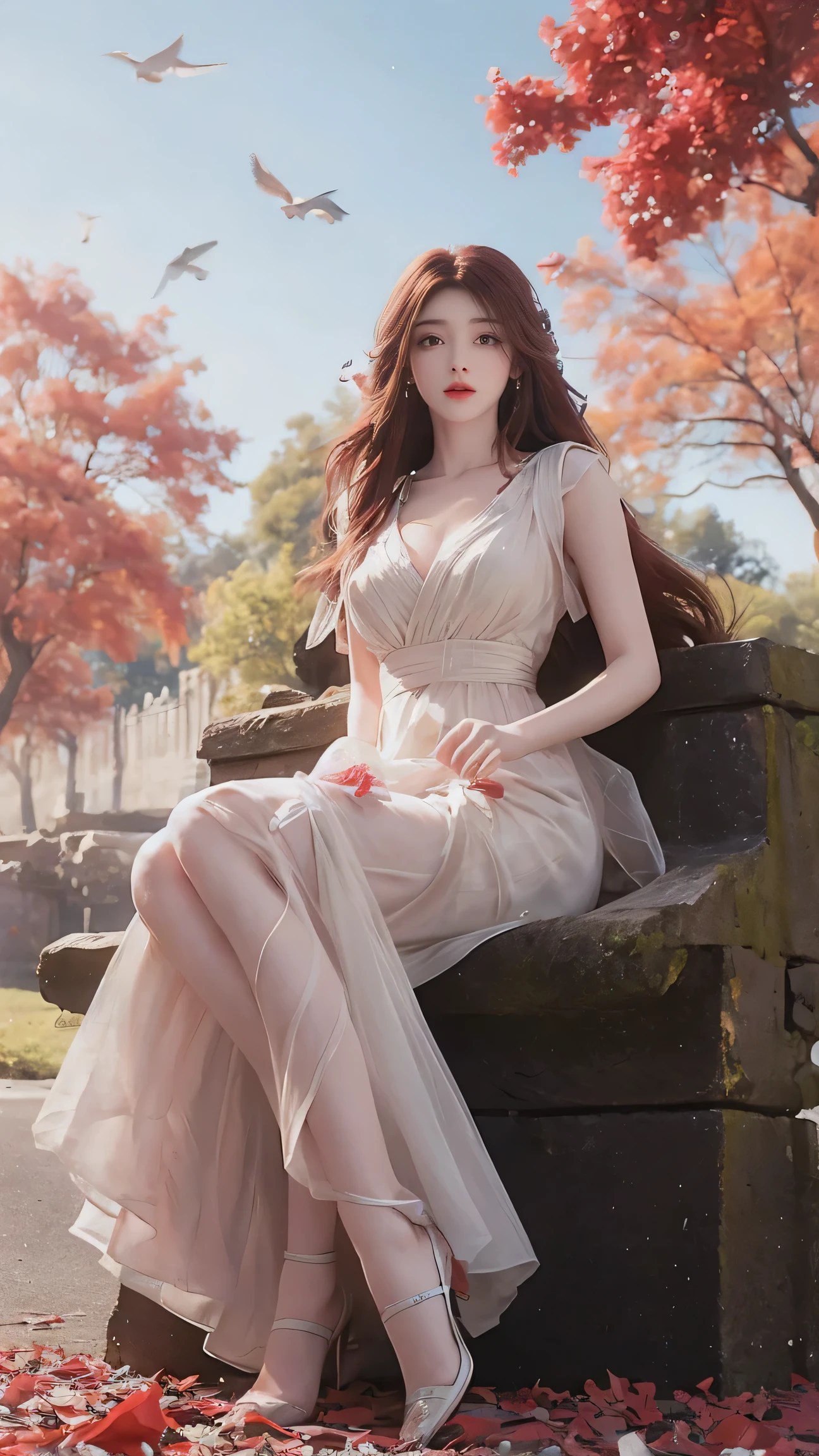 8K Ultra HD, Mastmis, A girl, Good face, Detailed, Eyes, Beautiful lips, Very red hair, dishiveredhair, Medium breasts, Wedding dress, White dress, In the park, Flying birds, blows wind, clear weather, Sitting, Full body capture,