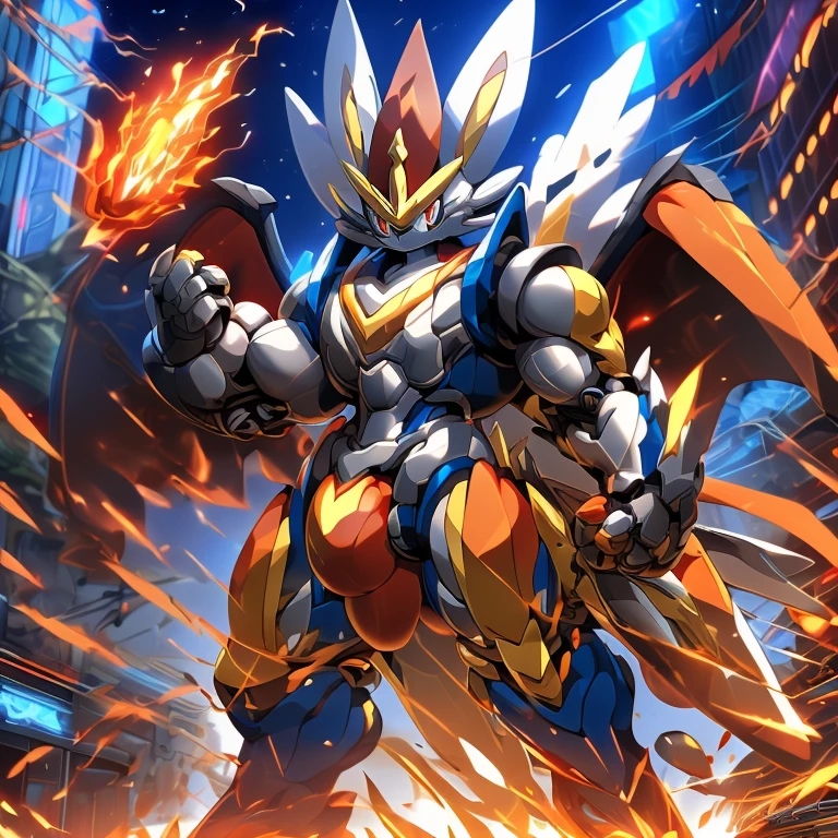 (GIANT mechanical cinderace rampage through a city, crushing buildings beneath their unstoppable metal frames), (official art,
best quality, highly detailed) (terrifying and imposing design,
smoke and flames rising from the destruction in the background, a lone figure)
(high-tech bio-mecha armor, metallic, real texture material) (cinderace, 8K), (gigantic muscles, Gigachad Muscular, big muscle, pecs, triceps, traps, unusually developed muscular body, body full of huge muscles. showing off muscles, pectorales enormes, Exaggeratedly huge muscles.),(Spread wings, It has wings, have big wings, golden wings), (whole body shines like metal, Wearing cyberpunk mecha, emphasizes the muscles, suit fully made of metal, intricate armor, Robotic suit, suit fully made of metal, cyborg), (giant cinderace, cinderace's giant robot, Powered exoskeleton with the same design as cinderace), (Masterpiece, highres) (Detailed head, Detailed Body, Detailed abs, full body), (black color hyper penis, hyper black penis), (masterpiece, best quality), A paladin holding a light infused sword, light magic, divine, magewave, silver and gold, 4k, dark cityscape, Fujifilm, Fight against humanity.