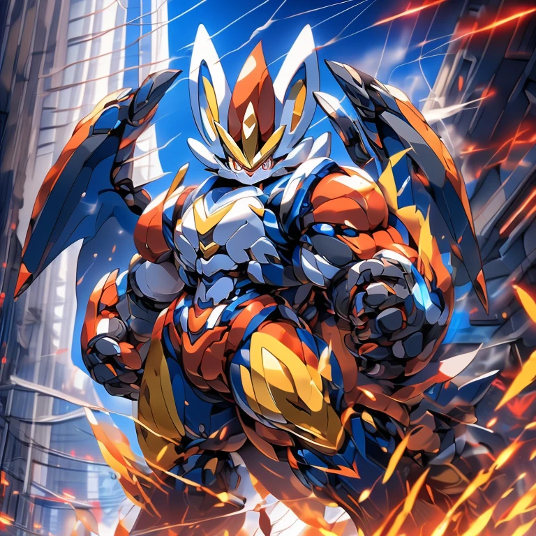 (GIANT mechanical cinderace rampage through a city, crushing buildings beneath their unstoppable metal frames), (official art,
best quality, highly detailed) (terrifying and imposing design,
smoke and flames rising from the destruction in the background, a lone figure)
(high-tech bio-mecha armor, metallic, real texture material) (cinderace, 8K), (gigantic muscles, Gigachad Muscular, big muscle, pecs, triceps, traps, unusually developed muscular body, body full of huge muscles. showing off muscles, pectorales enormes, Exaggeratedly huge muscles.),(Spread wings, It has wings, have big wings, golden wings), (whole body shines like metal, Wearing cyberpunk mecha, emphasizes the muscles, suit fully made of metal, intricate armor, Robotic suit, suit fully made of metal, cyborg), (giant cinderace, cinderace's giant robot, Powered exoskeleton with the same design as cinderace), (Masterpiece, highres) (Detailed head, Detailed Body, Detailed abs, full body), (black color hyper penis, hyper black penis), Fight against humanity.