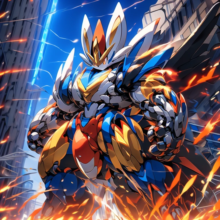 (GIANT mechanical cinderace rampage through a city, crushing buildings beneath their unstoppable metal frames), (official art, 
best quality, highly detailed) (terrifying and imposing design, 
smoke and flames rising from the destruction in the background, a lone figure)
(high-tech bio-mecha armor, metallic, real texture material) (cinderace, 8K), (gigantic muscles, Gigachad Muscular, big muscle, pecs, triceps, traps, unusually developed muscular body, body full of huge muscles. showing off muscles, pectorales enormes, Exaggeratedly huge muscles.),(Spread wings, It has wings, have big wings, golden wings), (whole body shines like metal, Wearing cyberpunk mecha, emphasizes the muscles, suit fully made of metal, intricate armor, Robotic suit, suit fully made of metal, cyborg), (giant cinderace, cinderace's giant robot, Powered exoskeleton with the same design as cinderace), (Masterpiece, highres) (Detailed head, Detailed Body, Detailed abs, full body), (black color hyper penis, hyper black penis), Fight against humanity.