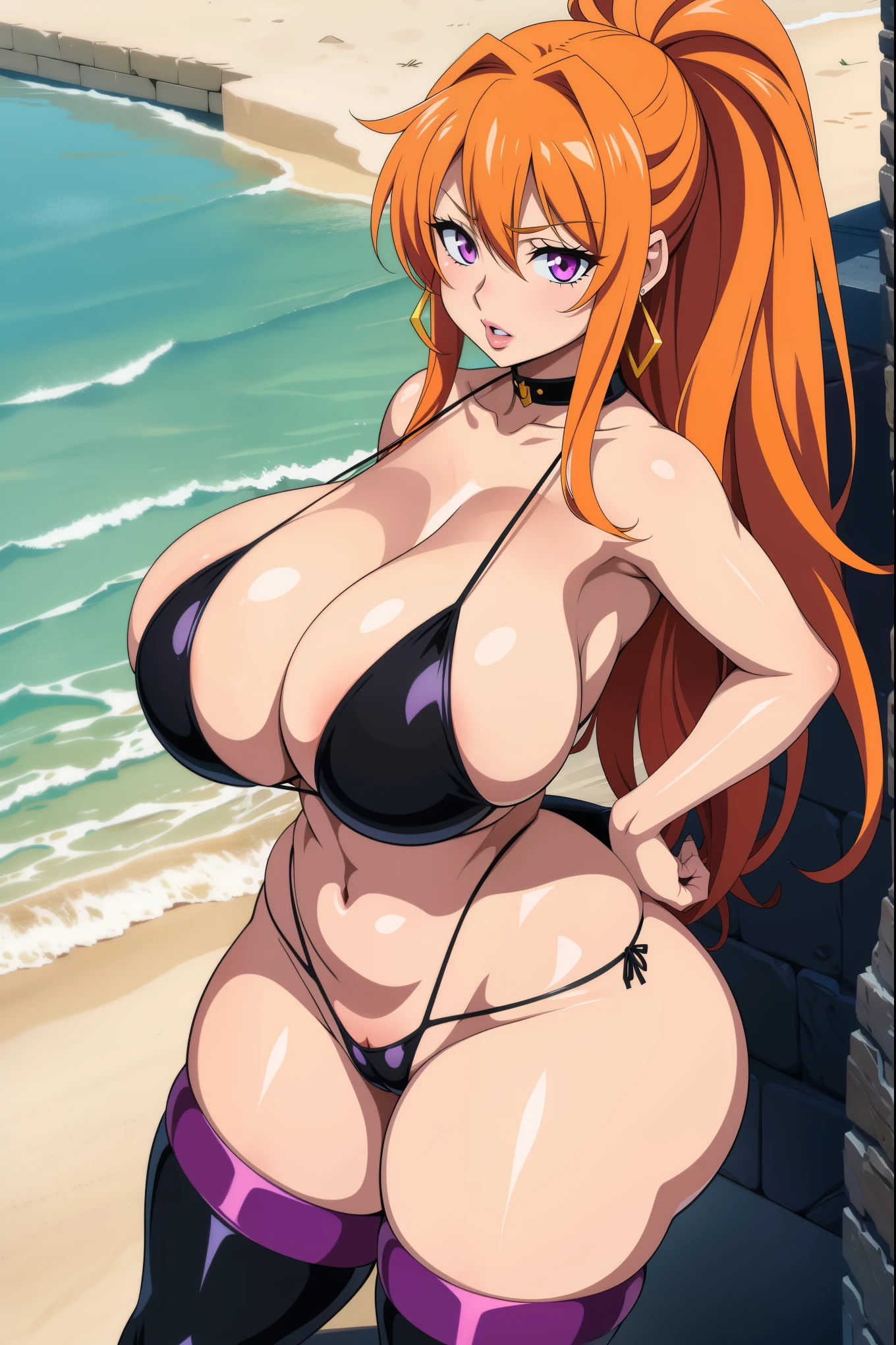 Highschool Dxd art style, Irina Shidou, 1girl, (((bimbo))), long orange hair, purple eyes, ear rings, puffy lips, painted lips, thick lips, wide hips, thick thighs, huge breasts, huge ass, revealing cleavage, thick, erotic, sexy face, bubble butt, camel toe, huge breasts, black bikini, bossy, Beach, sexy legs, standing up,