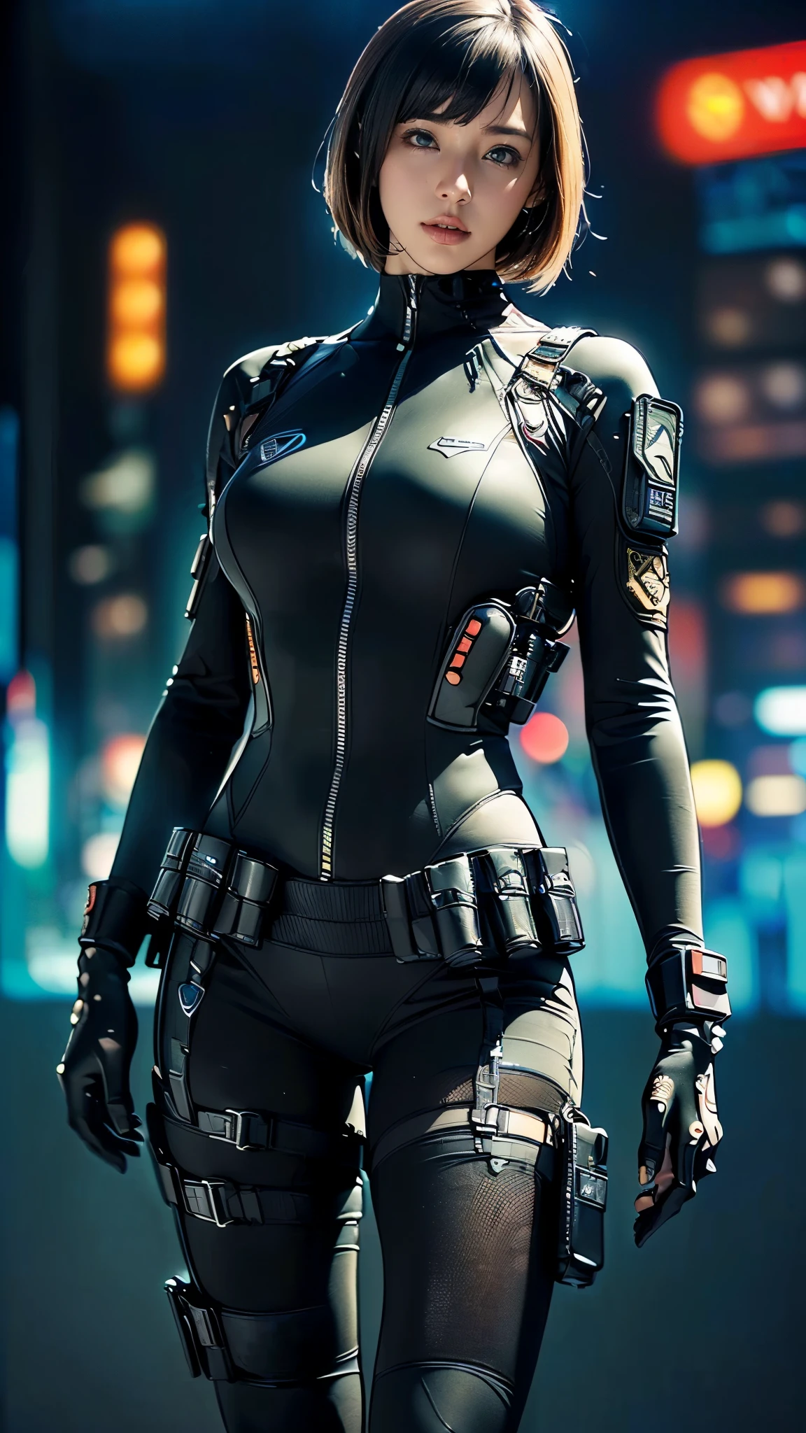 (One Woman),(((A SWAT woman is standing))),((Black tactical bodysuit:1.5)),((Scouter:1.5)),((black tactical holster:1.5)),(Black Gloves:1.5),(Serious:1.5),(bob cut1.5),(Beautiful Eyes:1.3),(Very detailedな顔:1.5),((Very detailedな女性の手の描画:1.5)),((Muscular:1.5)),(Sexy Looks:1.5),((Thick thighs:1.5)),(Beautiful body:1.5),((Very sensual:1.5)),(The background is a futuristic city:1.5),(Cyberpunk atmosphere:1.5),(((Blur the background:1.5))),(Written boundary depth:1.5),BREAK(((masterpiece:1.5),(highest quality:1.5),(Very detailed:1.5),(High resolution:1.5),(Realistic:1.5),(Realistic:1.5),(Delicate depiction),(Careful depiction))),8k,wallpaper