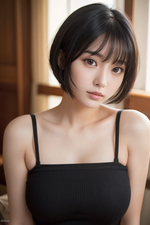 (High resolution:1.3), (16k, Photorealistic, Raw photo, Best image quality: 1.4), Japanese, (One Girl), Beautiful Face, (A vivid face), (Black-haired、short hair:1.3), (Black Eyes 1.3), Beautiful Hairstyles, Realistic eyes, Beautifully detailed eyes, (Realistic Skin), Beautiful skins, attractive, 超A high resolution, Surreal, High detail, Golden Ratio, Highly detailed cute girl,(20-year-old),No sleeve,   (Ecstasy, Breathtaking)