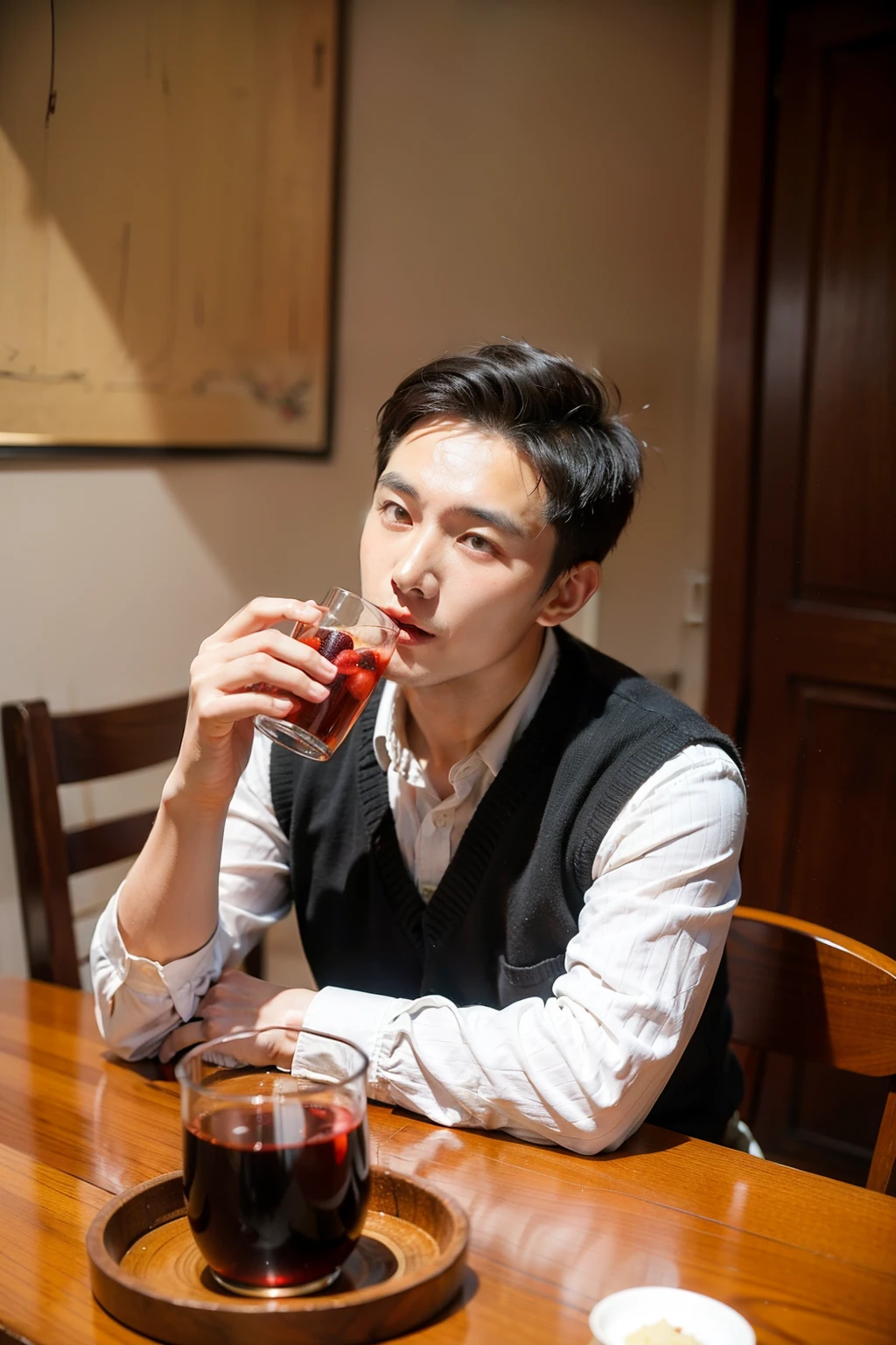 Wang Lei,A Shaanxi man,Tall and strong,He is drinking black wolfberry drink,Enjoyed the look