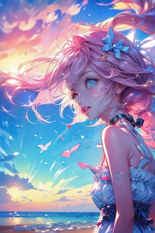 1girl,solo,cute,pink hair,white dress,in blue sea,beach,morning,sunrise
