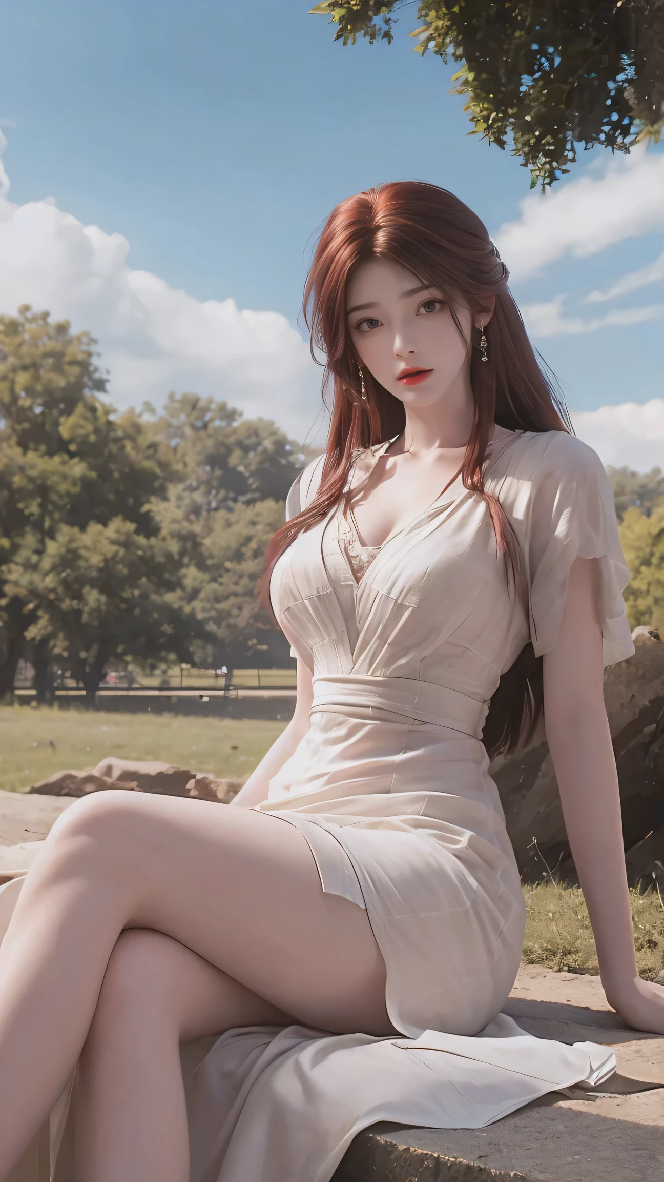 8K Ultra HD, Mastmis, A girl, Good face, Detailed, Eyes, Beautiful lips, Very red hair, dishiveredhair, Medium breasts, Wedding dress, White dress, In the park, Flying birds, blows wind, clear weather, Sitting, Full body capture,