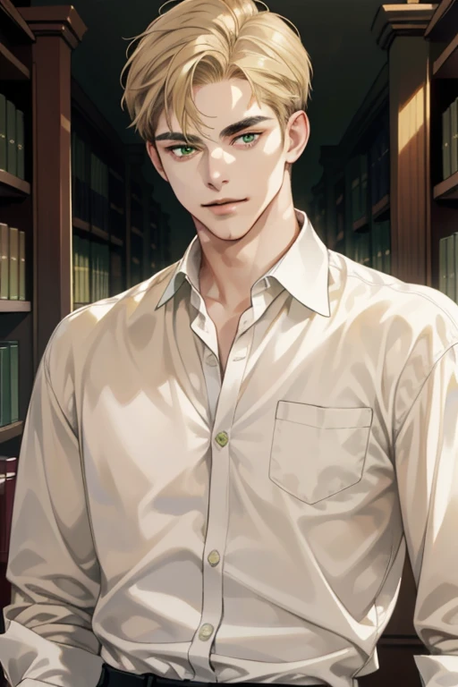 masterpiece, best quality, realistic, 1man, mature male, quiet and charming young man, 18 years old, a smirk, closed mouth, portrait, extremely detailed face, a little distant, ((dark green eyes)), ((short-side-swept sandy blonde hair)), [thick eyebrows], library, ((White shirt))
