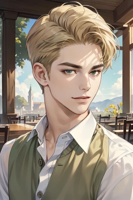 masterpiece, best quality, realistic, 1man, mature male, quiet and charming young man, 18 years old, a smirk, closed mouth, portrait, extremely detailed face, a little distant, ((dark green eyes)), ((short-side-swept sandy blonde hair)), [thick eyebrows], library, ((White shirt))