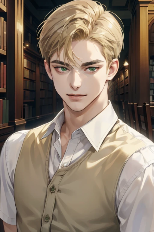masterpiece, best quality, realistic, 1man, mature male, quiet and charming young man, 18 years old, a smirk, closed mouth, portrait, extremely detailed face, a little distant, ((dark green eyes)), ((short-side-swept sandy blonde hair)), [thick eyebrows], library, ((White shirt))