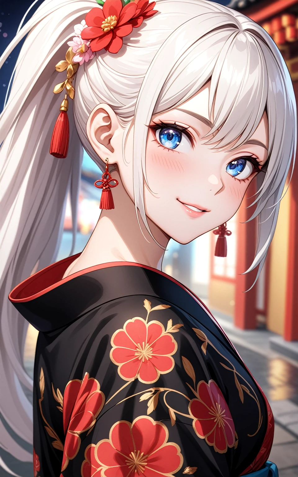 ((one personの女性)), Beautiful Face,Laughing embarrassedly,Laughing with your mouth open,Bright red cheeks,Glossy pink lips,night,Shrine festival s高いs,((Anime style background)),masterpiece, highest quality, so beautiful, Latest, Complex details, (Pink long nails),AI-generated, Complex,High resolution, highest quality, super high quality,3D Images、View your viewers、3D Images,one person,Long white hair,High Ponytail,blue eyes,Anime woman posing for a photo, ((Fine grain、Colorful eyes、Shining Eyes:1.0)),(Squint your eyes:1.1),a hyperRealistic , hyperRealistic , Realistic,Anime woman with long and white hair, Smooth anime CG art, A woman in a colorful kimono with gold embroidery, (Black kimono),Red floral pattern,Long flower hair ornament,Big earrings,,Mature Body,Tall,Big Ass,Fine details,Narrow waist,(Face close-up:1.5),Diagonal Background,(Shooting from an angle)