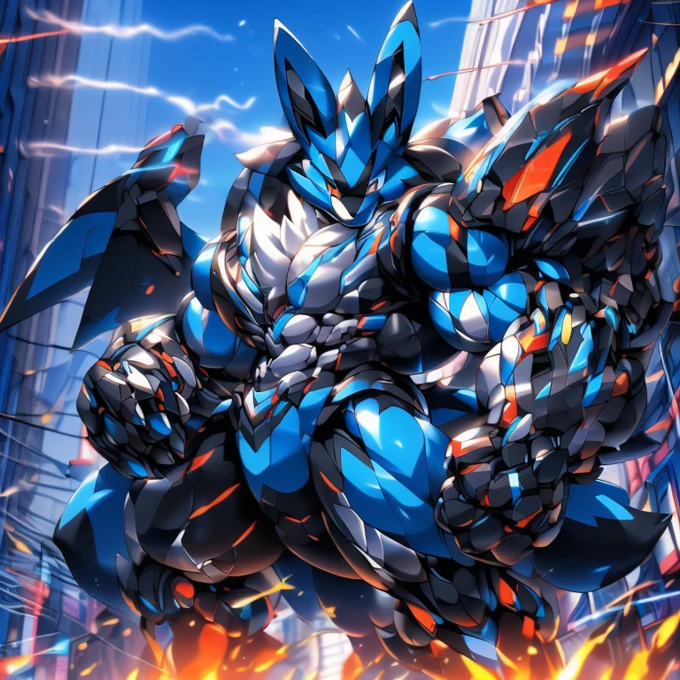 (GIANT mechanical LUCARIO rampage through a city, crushing buildings beneath their unstoppable metal frames), (official art,
best quality, highly detailed) (terrifying and imposing design,
smoke and flames rising from the destruction in the background, a lone figure)
(high-tech bio-mecha armor, metallic, real texture material) (LUCARIO, 8K), (gigantic muscles, Gigachad Muscular, big muscle, pecs, triceps, traps, unusually developed muscular body, body full of huge muscles. showing off muscles, pectorales enormes, Exaggeratedly huge muscles.),(Spread wings, It has wings, have big wings, golden wings), (whole body shines like metal, Wearing cyberpunk mecha, emphasizes the muscles, suit fully made of metal, intricate armor, Robotic suit, suit fully made of metal, cyborg), (giant LUCARIO, LUCARIO's giant robot, Powered exoskeleton with the same design as LUCARIO), (Masterpiece, highres) (Detailed head, Detailed Body, Detailed abs, full body), (black color hyper penis, hyper black penis), Fight against humanity.
