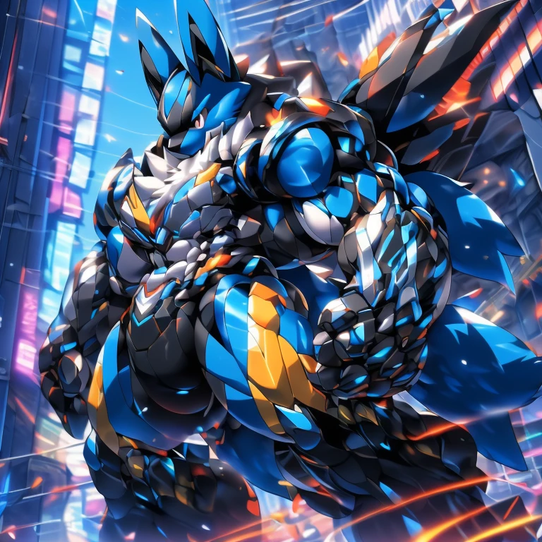 (GIANT mechanical LUCARIO rampage through a city, crushing buildings beneath their unstoppable metal frames), (official art,
best quality, highly detailed) (terrifying and imposing design,
smoke and flames rising from the destruction in the background, a lone figure)
(high-tech bio-mecha armor, metallic, real texture material) (LUCARIO, 8K), (gigantic muscles, Gigachad Muscular, big muscle, pecs, triceps, traps, unusually developed muscular body, body full of huge muscles. showing off muscles, pectorales enormes, Exaggeratedly huge muscles.),(Spread wings, It has wings, have big wings, golden wings), (whole body shines like metal, Wearing cyberpunk mecha, emphasizes the muscles, suit fully made of metal, intricate armor, Robotic suit, suit fully made of metal, cyborg), (giant LUCARIO, LUCARIO's giant robot, Powered exoskeleton with the same design as LUCARIO), (Masterpiece, highres) (Detailed head, Detailed Body, Detailed abs, full body), (black color hyper penis, hyper black penis), Fight against humanity.