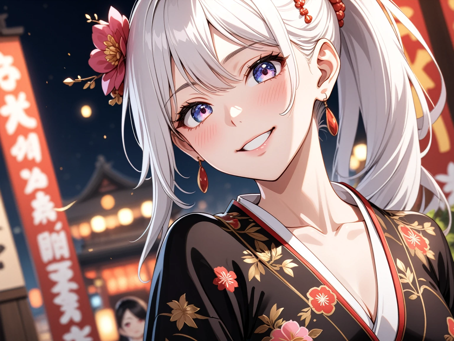 ((one personの女性)), Beautiful Face,Laughing embarrassedly,Laughing with your mouth open,Bright red cheeks,Glossy pink lips,night,Shrine festival s高いs,((Anime style background)),masterpiece, highest quality, so beautiful, Latest, Complex details, (Pink long nails),AI-generated, Complex,High resolution, highest quality, super high quality,3D Images、View your viewers、3D Images,one person,Long white hair,High Ponytail,blue eyes,Anime woman posing for a photo, ((Fine grain、Colorful eyes、Shining Eyes:1.0)),(Squint your eyes:1.1),a hyperRealistic , hyperRealistic , Realistic,Anime woman with long and white hair, Smooth anime CG art, A woman in a colorful kimono with gold embroidery, (Black kimono),Red floral pattern,Long flower hair ornament,Big earrings,,Mature Body,Tall,Big Ass,Fine details,Narrow waist,(Face close-up:1.5),Diagonal Background,(Shooting from an angle)