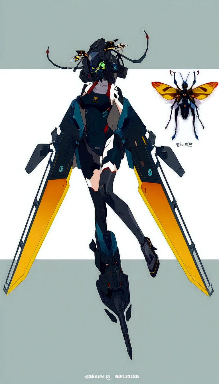 (Daisaku),(Need),(Super meticulous),(full bodyesbian:1.2), 1girl, a close up of a cartoon character with a bug on her back, human structure bee concept art, anime robotic mixed with organic, mechanized valkyrie girl, insect trainer girl, cyborg wasp, biopunk cyborg wasp, # mecha, mechanized soldier girl, interesting character design, female mecha, cyberpunk cyborg wasp, cyberpunk bee, cyberpunk anime girl mech, ,(Beautiful and delicate eyes),
