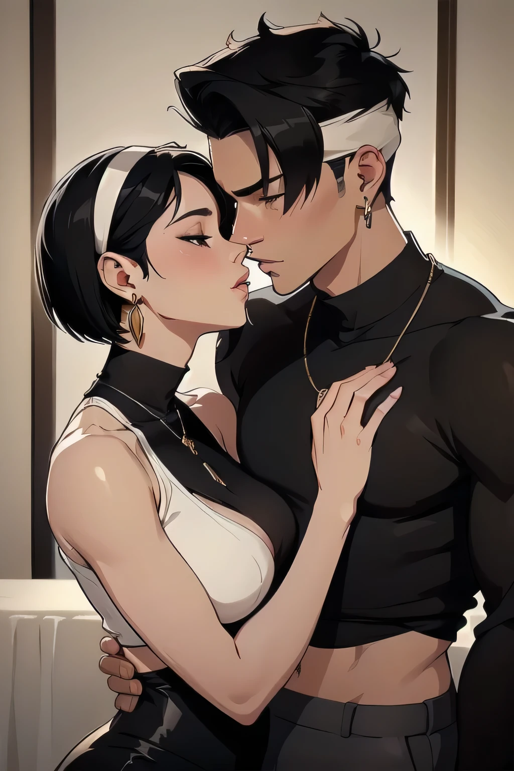 Amazing portrait of a sexy woman wearing her short black hair in a bob with a white hairband and some elegant earrings and a black sleeveless sweater paired with a cream skirt kissing and making out passionately with a shirtless boy in an intimate setting
