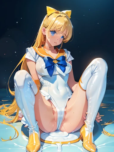 sailorvenus Full limbs complete fingers Transformation heroine of justice Enameled White Leotard orange patent boots Wrinkled boots enamel orange choker Enamel White Gloves enamel orange mini skirt Neat and clean image Gold decoration Costumes with fancy decorations justice long hair adornments Crying expression Squinting eyes Jockey Boots thrust out one's hip Open your legs laying on back Full body painting Put your hand on your crotch Underarm is visible Long boots below the knee Raw feet Open your crotch bend knee Peeing Yellow water flowing from the crotch full of sweat Leotards are wet and skin visible Soaking in white slime Pool full of white slime indulge