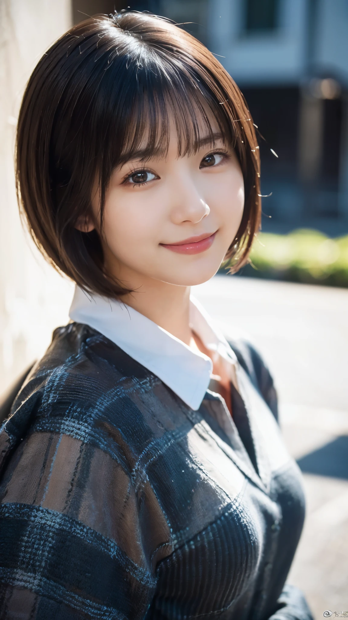 (highest quality,masterpiece:1.3,ultra high resolution),(Super detailed,caustics,8k),(photorealistic:1.4,RAW shooting),1 girl,(look at the camera with a smile),20-year-old,cute,Japanese,black hair short cut,long sleeve blouse,big ,bust up shot,street,face focus,Natural light,Backlight,(A bright light shines from above),(Lens flare),professional writing,(low position),(Low - Angle)