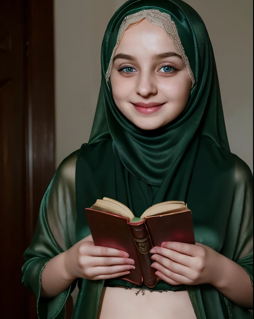 Irish hijabi in lingerie . Quran in hand, green eyes. Silk Satan. highly details l. Creepy smile. Porn addicted.
