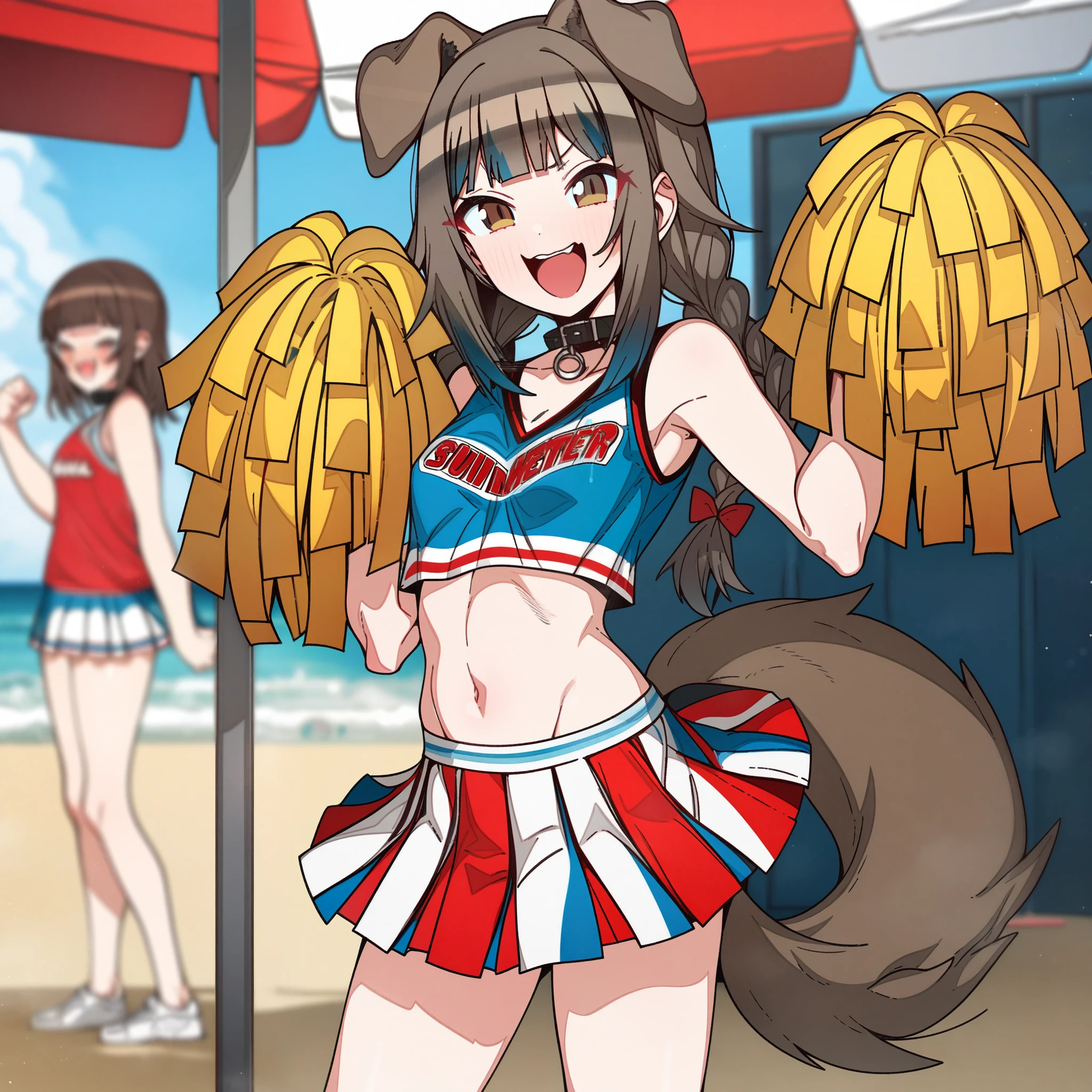 gawr_gura with brown hair and brown eyes, Artist, erere, Copyrights, idolmaster, idolmaster_shiny_colors, Character, General, 1girl, brown_hair, blunt_bangs, blush, medium_breasts, breasts, smile, brown_eyes, censored, cheerleader, crop_top, pom_pom_(cheerleading), skirt, navel, dog_tail, animal_collar, twin_braids, dog_ears, bone_hair_ornament, raised_eyebrows, paw_pose, :d:0.5, teeth, raised_eyebrows, (full_body) (standing in middle, beach_umbrella), sky:0.7, detailed, sand, outdoors, from_side, looking_at_viewer, masterpiece, best_quality, great_quality, girl, solo, center_composition, centered character, cute
