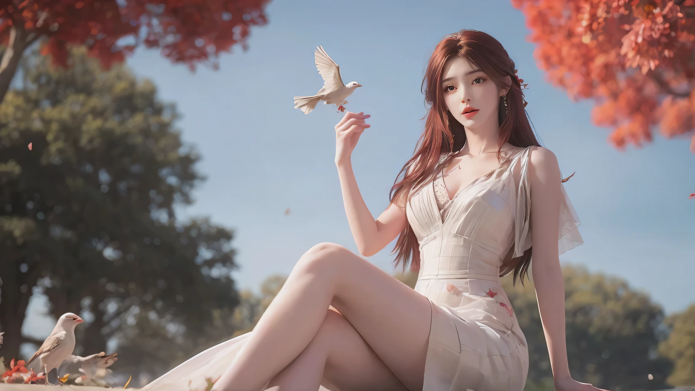 8K Ultra HD, Mastmis, A girl, Good face, Detailed, Eyes, Beautiful lips, Very red hair, dishiveredhair, Medium breasts, Wedding dress, White dress, In the park, Flying birds, blows wind, clear weather, Sitting, Full body capture,