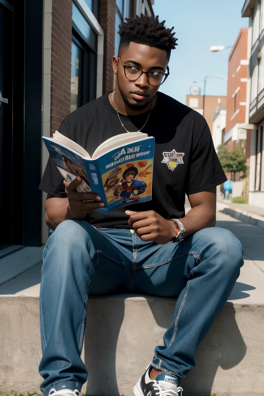 create an image of a young black man, wearing glasses, reading, dressed in street wear clothes, pixar art, comic book