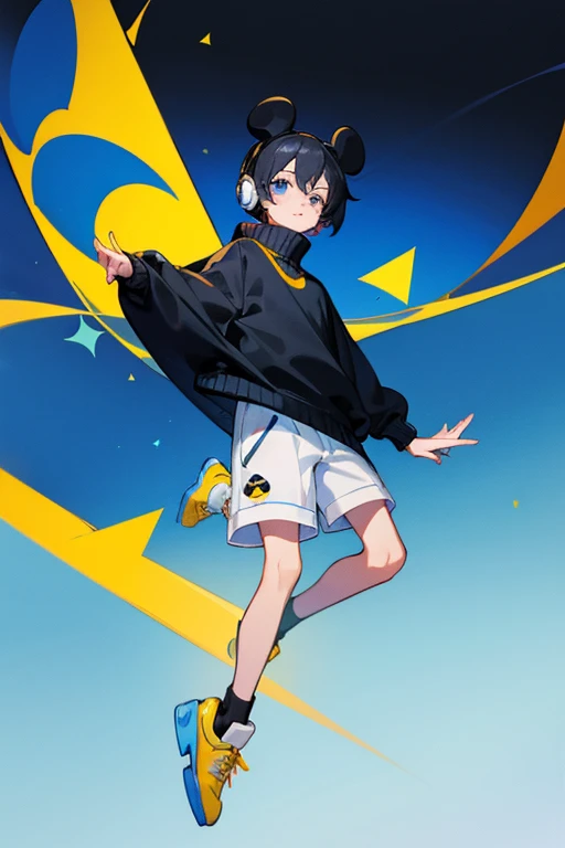 12 year old boy, black hair, blue eyes, full body, disney headphones, mickey mouse sweater , long sleeves turtleneck, White shorts, yellow shoes, Virtual Simulation, 
