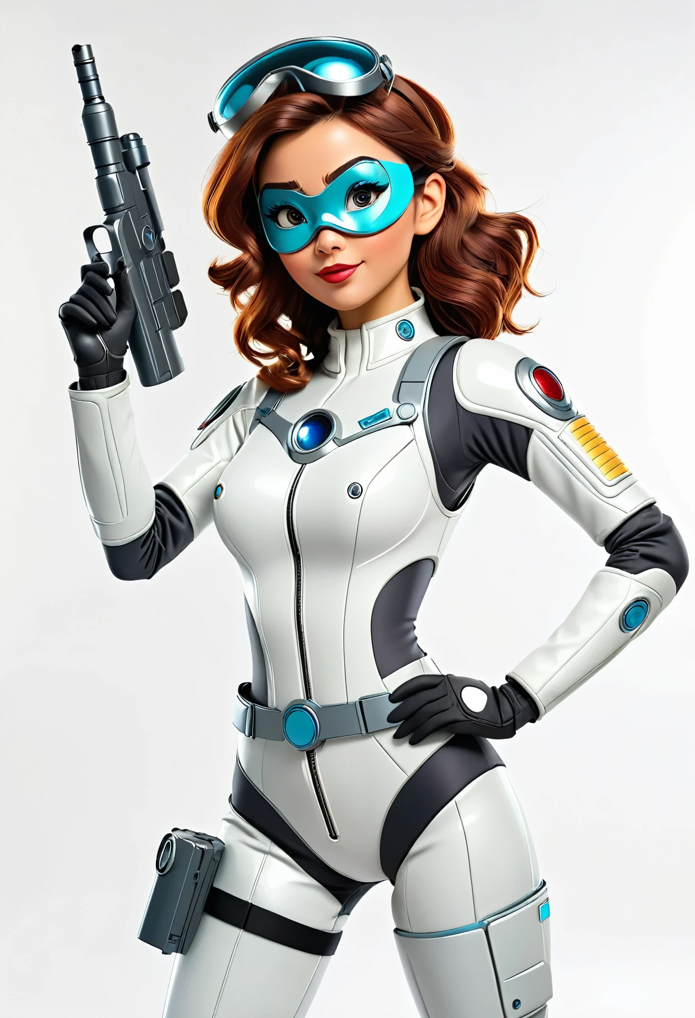 A cartoon character Disney style, female with high-tech eye mask and sexy space suit, standing pose, left hand raised holding laser gun, white background, 4k