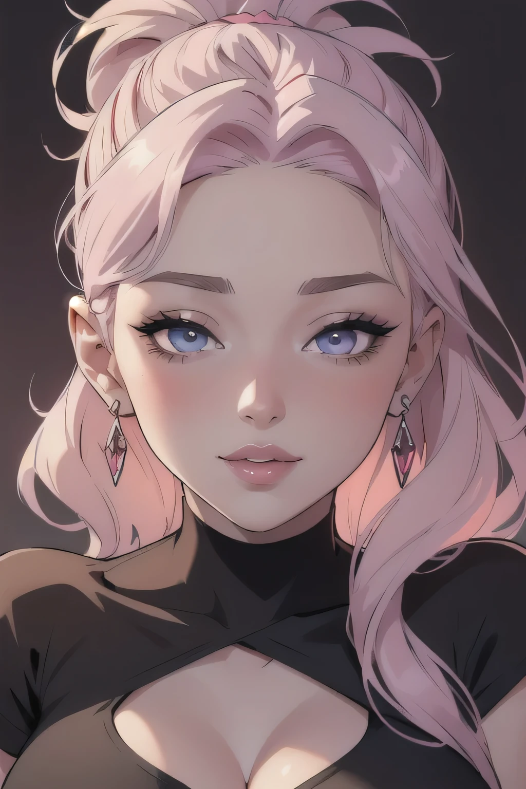 Amazing portrait of a y woman with a beautiful face with beautifully detailed eyes in a seductive gaze and beautifully detailed lips and extremely detailed eyes and face with long eyelashes with her pale skin turning pink with a smile on her lips with her messy bun hair tied in a black hairband wearing alluring earrings and black v-neck t-shirt emphasizing her long neck and her medium chest with cled her captivating demeanor having an enchanting expression and tempting charm with captivating beauty and elegance as she poses seductively with her beguiling presence.