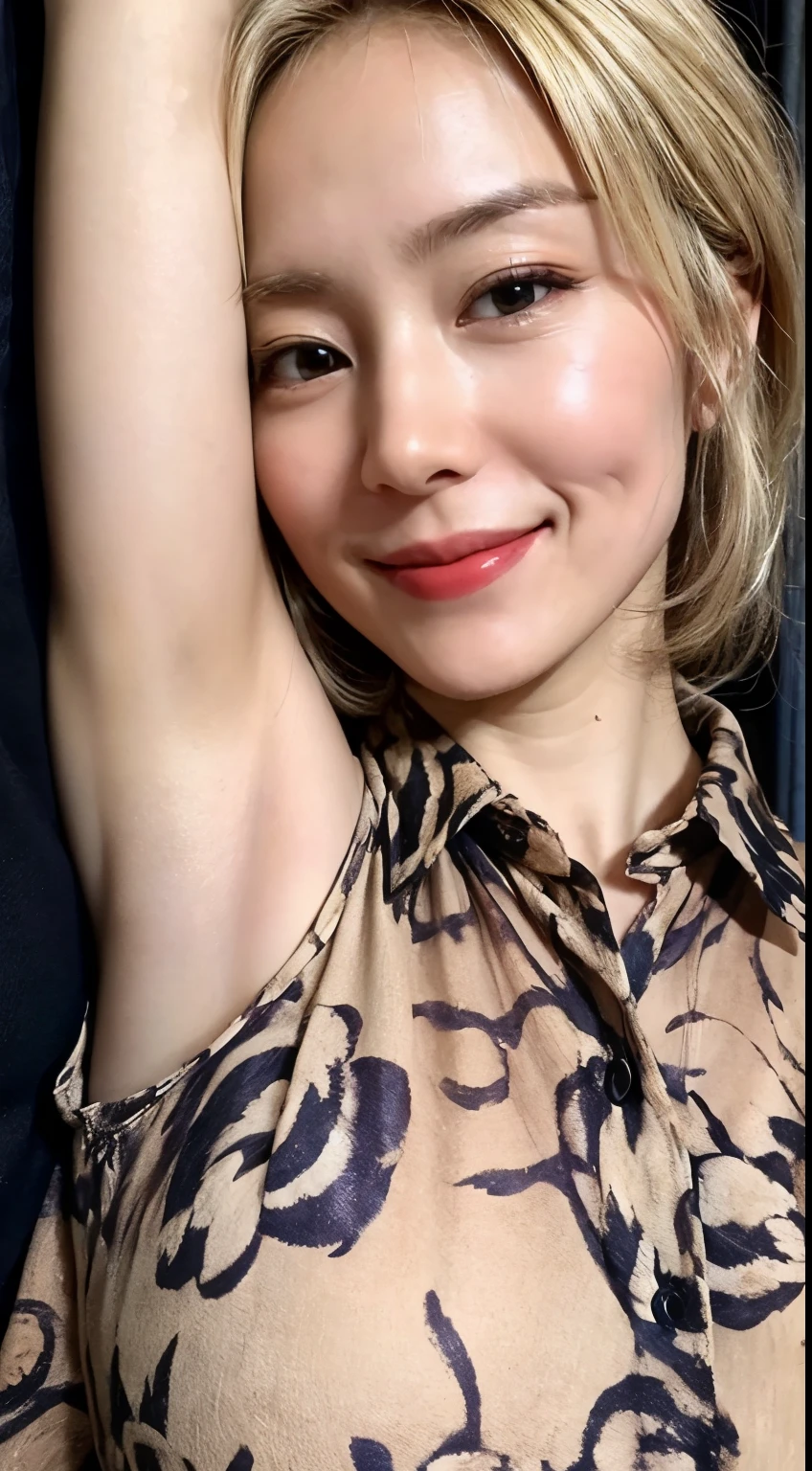 (Realistic:1.3、Ultra HD、Ultra-high resolution、8k、Japanese office lady、Collared shirt、Sleep on your back)、((Looking into the camera:1.8))、(Extremely realistic skin texture:1.4)、(Realistic:1.3)、short hair、(Embarrassed:1.5)、(Blonde Hair:1.5)、(40-year-old woman、Mature Woman)、Ponytail hairstyle、(Raise her arm to show her armpit:1.3)、(Face close-up:1.0)、(smile:1.3)