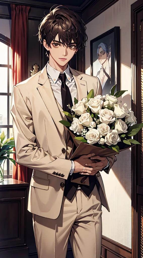 (absurdos, Altas, ultra detalhado), master part, a boy holding a bouquet, sozinho. Handsome. short hair, olho fino, Rosto detalhado, sweater, beige pants, Sorriso leve. Estilo Realista