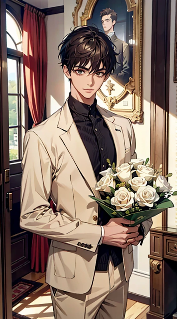 (absurdos, Altas, ultra detalhado), master part, a boy holding a bouquet, sozinho. Handsome. short hair, olho fino, Rosto detalhado, sweater, beige pants, Sorriso leve. Estilo Realista