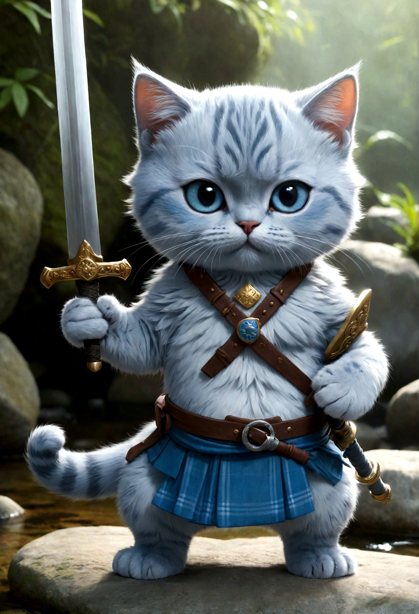 cute adorable Scottish lightblue cat with sword, at hot spring, write word "UNC" on chest, adorable digital painting, realistic fantasy art, beautiful digital art