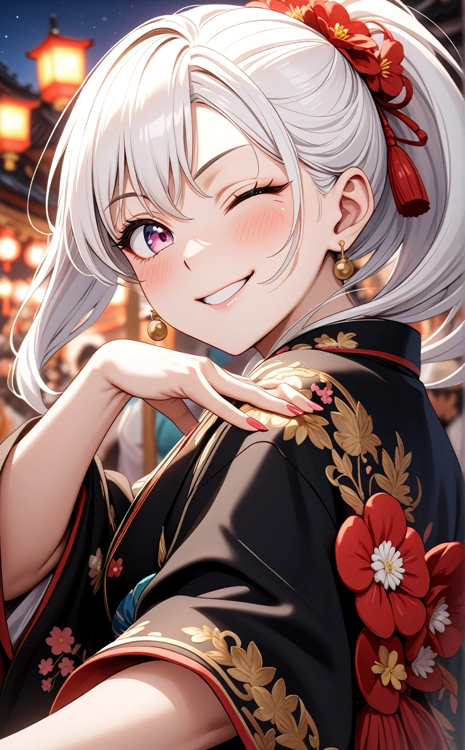 ((one personの女性)), Beautiful Face,Laughing in annoyance,((Wink:2.0),Laughing with your mouth open,Bright red cheeks,Glossy pink lips,night,Shrine festival s高いs,((Anime style background)),masterpiece, highest quality, so beautiful, Latest, Complex details, (Pink long nails),AI-generated, Complex,High resolution, highest quality, super high quality,3D Images、View your viewers、3D Images,one person,Long white hair,High Ponytail,blue eyes,Anime woman posing for a photo, ((Fine grain、Colorful eyes、Shining Eyes:1.0)),(Squint your eyes:1.1),a hyperRealistic , hyperRealistic , Realistic,Anime woman with long and white hair, Smooth anime CG art, A woman in a colorful kimono with gold embroidery, (Black kimono),Red floral pattern,Long flower hair ornament,Big earrings,,Mature Body,Tall,Big Ass,Fine details,Narrow waist,(Face close-up:1.5),Diagonal Background,(Shooting from an angle)