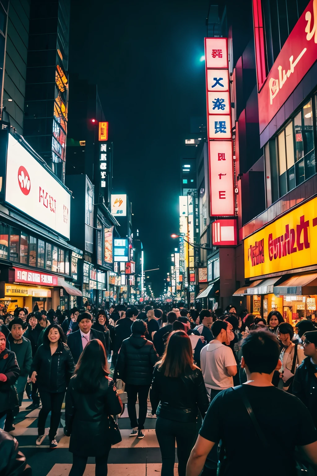 Nighttime Tokyo, a bustling downtown illuminated by neon lights. The Shibuya Scramble Crossing, teeming with countless people moving in all directions, showcasing a vibrant and energetic atmosphere. sexy