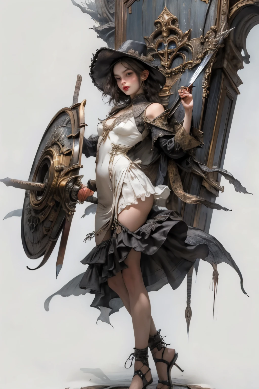 ((best quality)), ((masterpiece)), (detailed), perfect face ((best quality)), ((masterpiece)), (detailed), blank white background, plain background, white background, Bloodborne inspired,  occult aesthetic, occult, detailed and intricate steampunk and detailed gothic, (zentangle, mandala, tangle, entangle),  NSFW, a beautiful goddess adorned and enshrined in armour, Bloodborne inspired , occult aesthetic , occult , detailed and intricate steampunk and detailed gothic , wielding a sword and holding a shield, Fluttering lace flared short dress with frilly petticoats, NSFW, beautiful small breasts, small breasts, full body, whole body, body, 